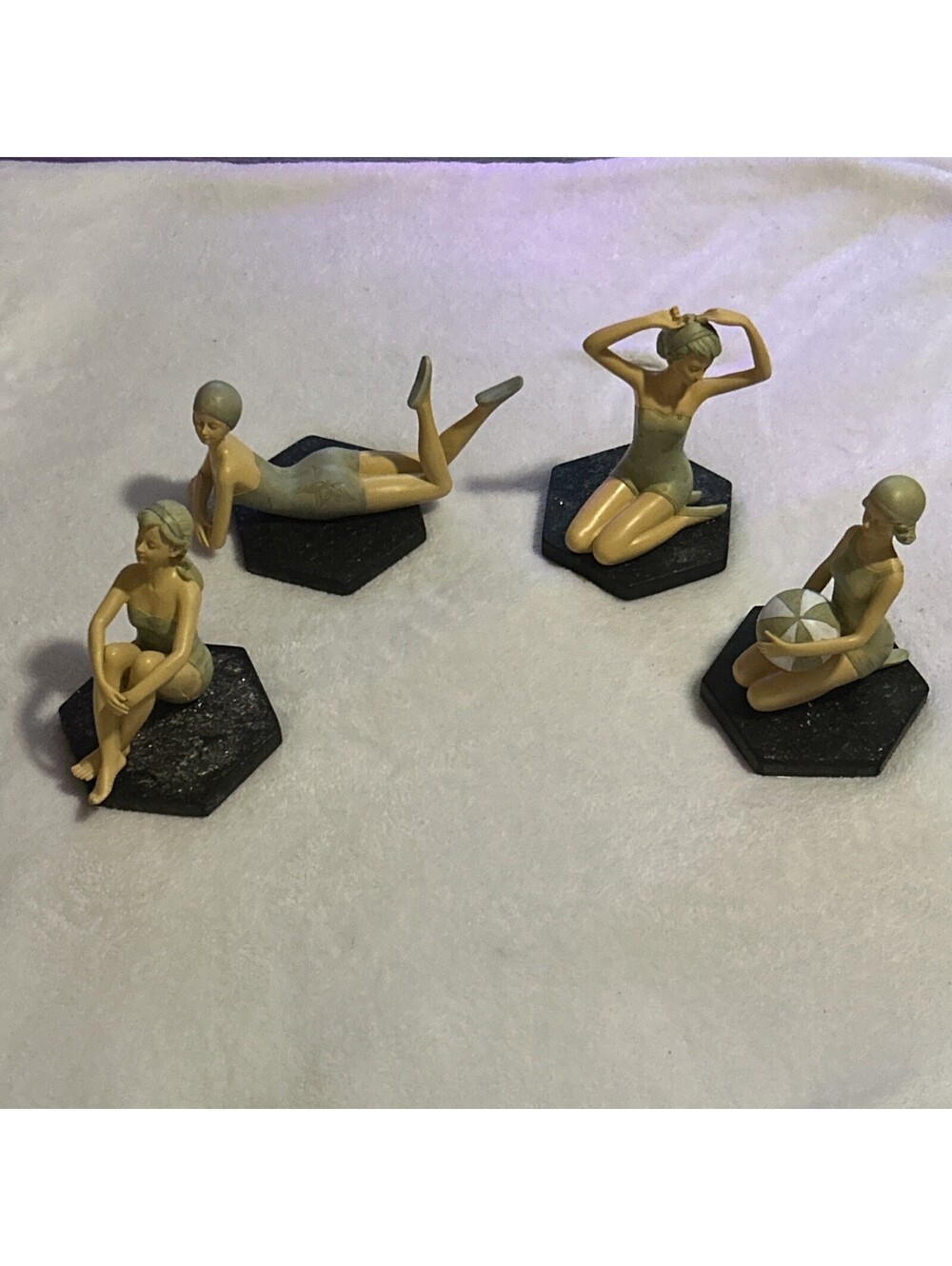 Vintage 1920s Bathing Beauty Resin Figurines Art Deco Green/ Blue | Set of 4